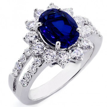 2.57 Cts Oval Cut Blue Gemstone with Round Brilliant Cut Diamonds Engagement Ring Set in 18K White Gold